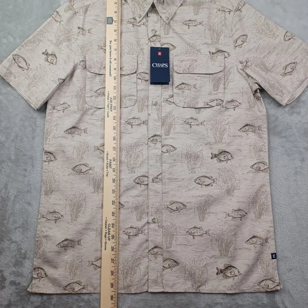 NWT Chaps Fishing Shirt | Men's Small | Tan Fish Print | UPF 50+ Quick Dry